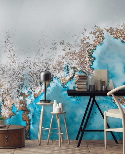 mural abstracto personalizable azul claro, gris y dorado llamado Oasis Exploring de Petra Meikle de Vlas