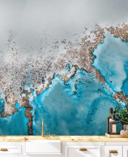 peinture murale abstraite personnalisable bleu clair, gris et or appelée Oasis Exploring de Petra Meikle de Vlas peinture murale abstraite personnalisable bleu clair, gris et or appelée Oasis Exploring de Petra Meikle de Vlas