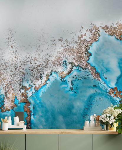 Personalisierbares abstraktes Wandbild in Hellblau, Grau und Gold namens Oasis Exploring von Petra Meikle de Vlas Personalisierbares abstraktes Wandbild in Hellblau, Grau und Gold namens Oasis Exploring von Petra Meikle de Vlas