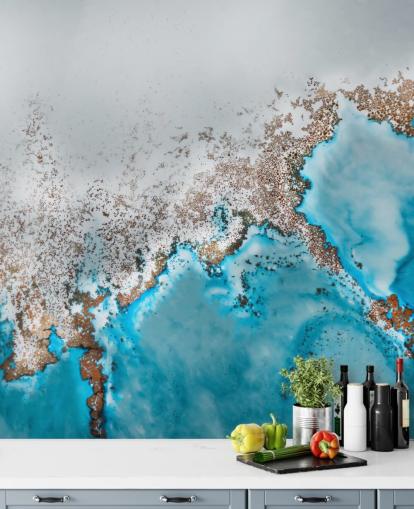 light blue, grey and gold customisable abstract mural called Oasis Exploring by Petra Meikle de Vlas