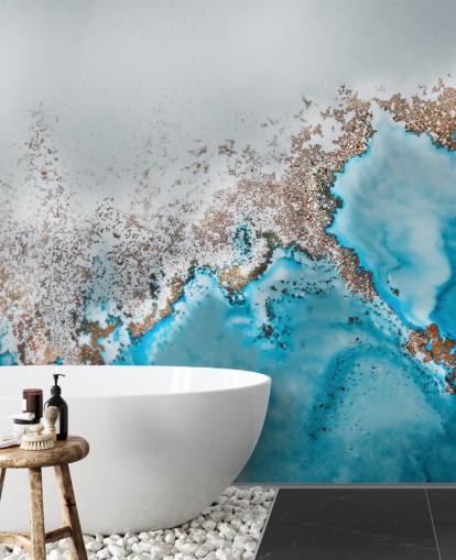 Personalisierbares abstraktes Wandbild in Hellblau, Grau und Gold namens Oasis Exploring von Petra Meikle de Vlas Personalisierbares abstraktes Wandbild in Hellblau, Grau und Gold namens Oasis Exploring von Petra Meikle de Vlas