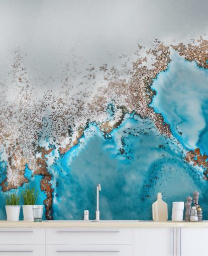 mural abstracto personalizable azul claro, gris y dorado llamado Oasis Exploring de Petra Meikle de Vlas mural abstracto personalizable azul claro, gris y dorado llamado Oasis Exploring de Petra Meikle de Vlas