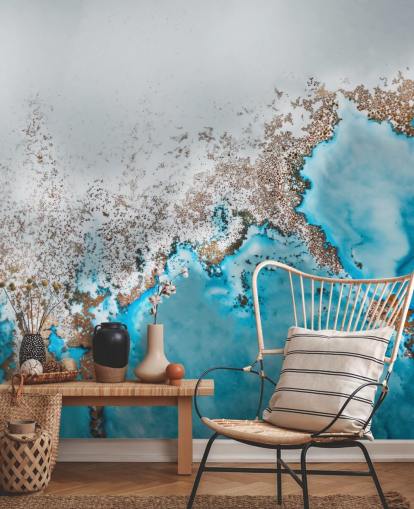 light blue, gray and gold customizable abstract mural called Oasis Exploring by Petra Meikle de Vlas