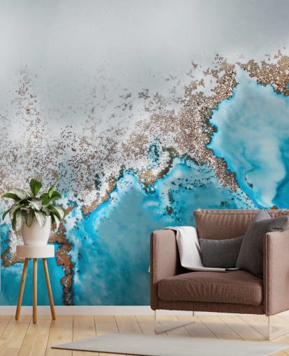murale astratto personalizzabile blu chiaro, grigio e oro chiamato Oasis Exploring di Petra Meikle de Vlas murale astratto personalizzabile blu chiaro, grigio e oro chiamato Oasis Exploring di Petra Meikle de Vlas