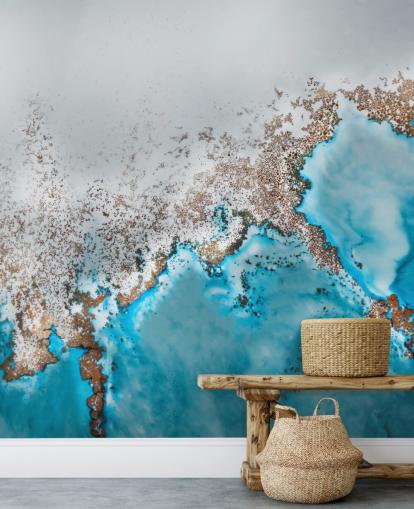 mural abstracto personalizable azul claro, gris y dorado llamado Oasis Exploring de Petra Meikle de Vlas