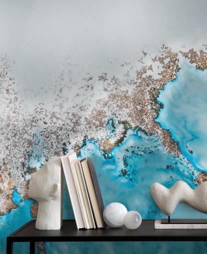 light blue, gray and gold customizable abstract mural called Oasis Exploring by Petra Meikle de Vlas light blue, gray and gold customizable abstract mural called Oasis Exploring by Petra Meikle de Vlas