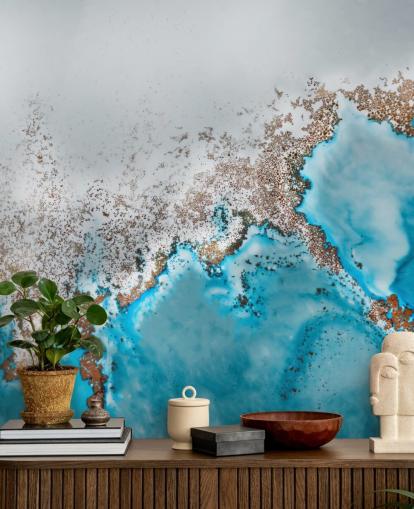 Personalisierbares abstraktes Wandbild in Hellblau, Grau und Gold namens Oasis Exploring von Petra Meikle de Vlas Personalisierbares abstraktes Wandbild in Hellblau, Grau und Gold namens Oasis Exploring von Petra Meikle de Vlas