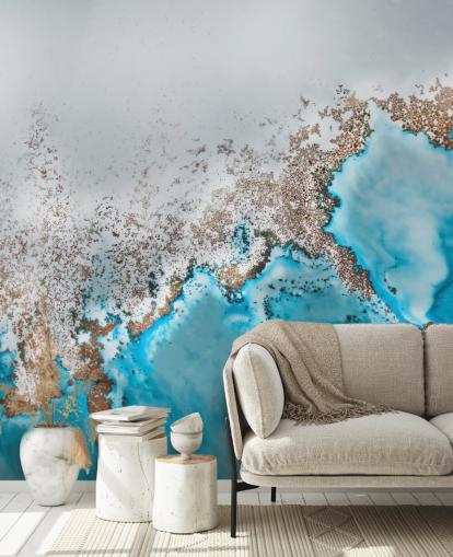 mural abstracto personalizable azul claro, gris y dorado llamado Oasis Exploring de Petra Meikle de Vlas mural abstracto personalizable azul claro, gris y dorado llamado Oasis Exploring de Petra Meikle de Vlas