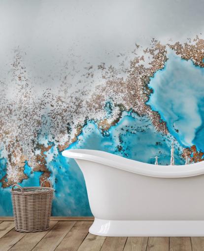 Personalisierbares abstraktes Wandbild in Hellblau, Grau und Gold namens Oasis Exploring von Petra Meikle de Vlas