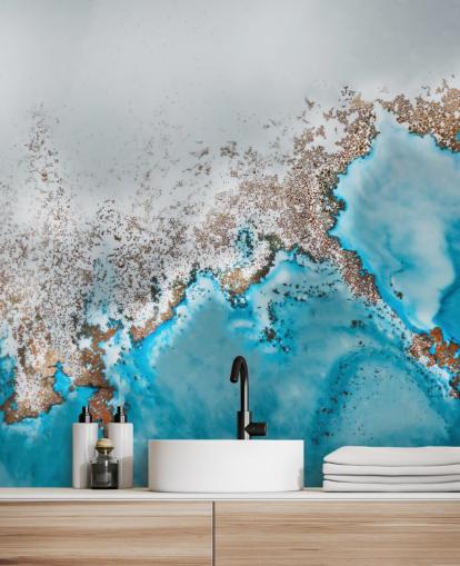 peinture murale abstraite personnalisable bleu clair, gris et or appelée Oasis Exploring de Petra Meikle de Vlas