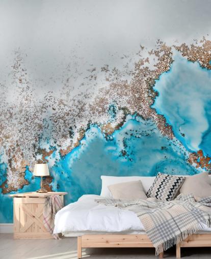 murale astratto personalizzabile blu chiaro, grigio e oro chiamato Oasis Exploring di Petra Meikle de Vlas