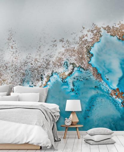 mural abstrato personalizável em azul claro, cinza e dourado chamado Oasis Exploring de Petra Meikle de Vlas mural abstrato personalizável em azul claro, cinza e dourado chamado Oasis Exploring de Petra Meikle de Vlas