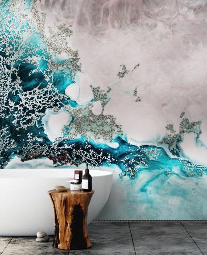 mural de parede oceânico abstrato personalizado em azul e rosa blush chamado Ocean Melody de Petra Meikle de Vlas para banheiros e cozinhas mural de parede oceânico abstrato personalizado em azul e rosa blush chamado Ocean Melody de Petra Meikle de Vlas para banheiros e cozinhas