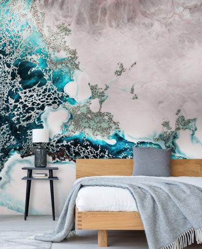 mural de pared oceánico abstracto personalizado azul y rosa rubor llamado Ocean Melody de Petra Meikle de Vlas para baños y cocinas