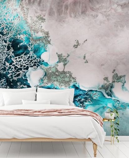 murale murale astratto personalizzato blu e rosa cipria chiamato Ocean Melody di Petra Meikle de Vlas per bagni e cucine