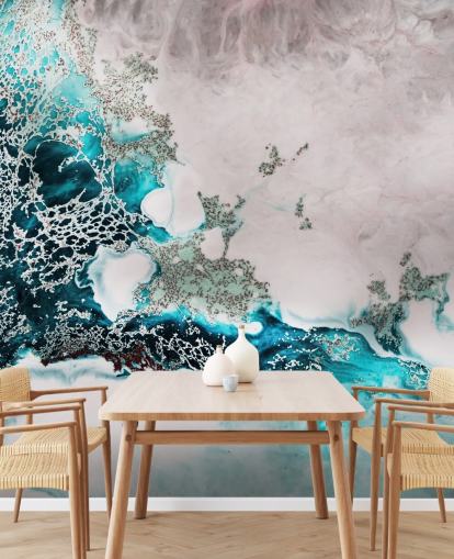 blauwe en blozende roze aangepaste abstracte oceaanmuurschildering genaamd Ocean Melody van Petra Meikle de Vlas voor badkamers en keukens blauwe en blozende roze aangepaste abstracte oceaanmuurschildering genaamd Ocean Melody van Petra Meikle de Vlas voor badkamers en keukens