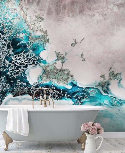 murale murale astratto personalizzato blu e rosa cipria chiamato Ocean Melody di Petra Meikle de Vlas per bagni e cucine