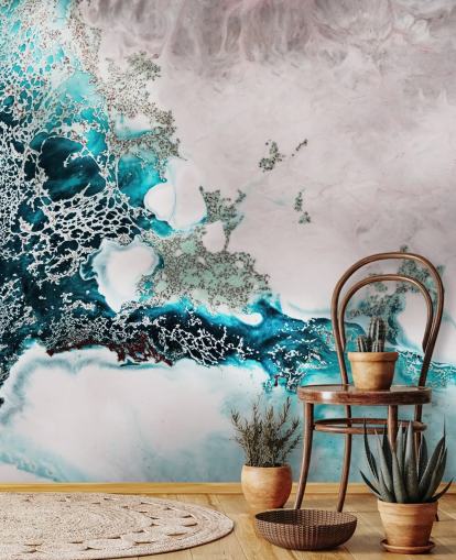 blaues und rosafarbenes individuelles abstraktes Ozean-Wandbild namens Ocean Melody von Petra Meikle de Vlas für Badezimmer und Küchen