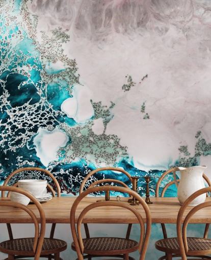 blue and blush pink custom abstract ocean wall mural called Ocean Melody by Petra Meikle de Vlas for bathrooms and kitchens blue and blush pink custom abstract ocean wall mural called Ocean Melody by Petra Meikle de Vlas for bathrooms and kitchens