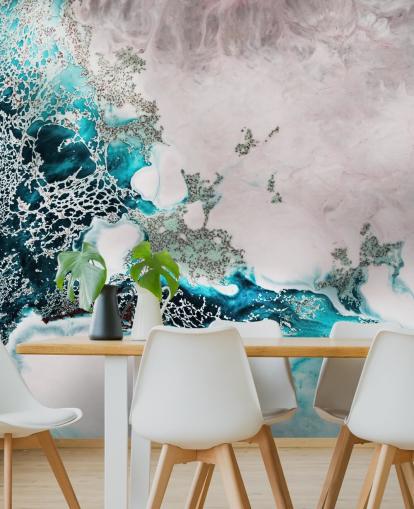 murale murale astratto personalizzato blu e rosa cipria chiamato Ocean Melody di Petra Meikle de Vlas per bagni e cucine