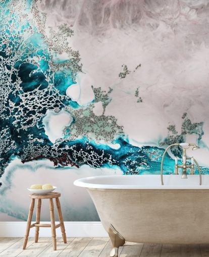 blauwe en blozende roze aangepaste abstracte oceaanmuurschildering genaamd Ocean Melody van Petra Meikle de Vlas voor badkamers en keukens blauwe en blozende roze aangepaste abstracte oceaanmuurschildering genaamd Ocean Melody van Petra Meikle de Vlas voor badkamers en keukens