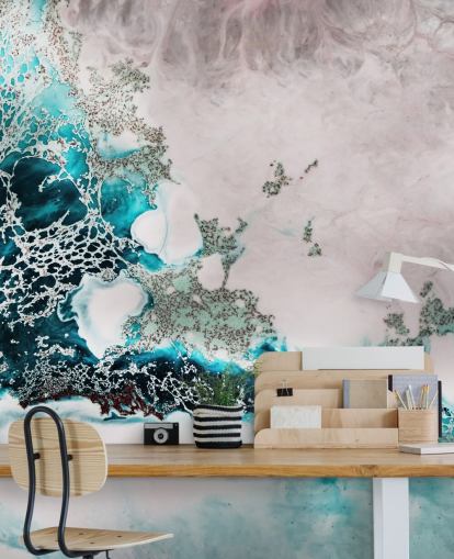 mural de parede oceânico abstrato personalizado em azul e rosa blush chamado Ocean Melody de Petra Meikle de Vlas para banheiros e cozinhas