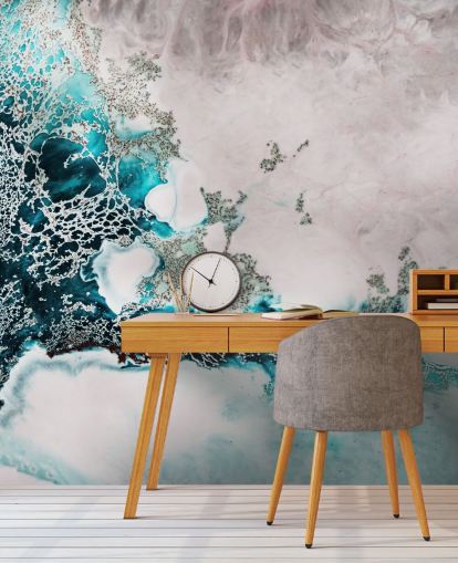 mural de pared oceánico abstracto personalizado azul y rosa rubor llamado Ocean Melody de Petra Meikle de Vlas para baños y cocinas mural de pared oceánico abstracto personalizado azul y rosa rubor llamado Ocean Melody de Petra Meikle de Vlas para baños y cocinas