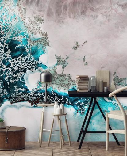 mural de pared oceánico abstracto personalizado azul y rosa rubor llamado Ocean Melody de Petra Meikle de Vlas para baños y cocinas