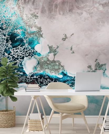 mural de pared oceánico abstracto personalizado azul y rosa rubor llamado Ocean Melody de Petra Meikle de Vlas para baños y cocinas