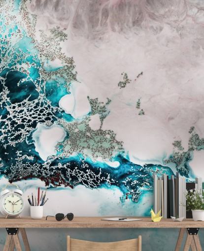 blue and blush pink custom abstract ocean wall mural called Ocean Melody by Petra Meikle de Vlas for bathrooms and kitchens