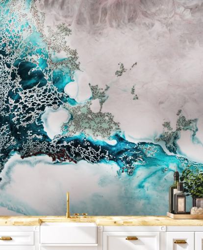 murale murale astratto personalizzato blu e rosa cipria chiamato Ocean Melody di Petra Meikle de Vlas per bagni e cucine