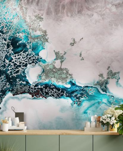 mural de parede oceânico abstrato personalizado em azul e rosa blush chamado Ocean Melody de Petra Meikle de Vlas para banheiros e cozinhas mural de parede oceânico abstrato personalizado em azul e rosa blush chamado Ocean Melody de Petra Meikle de Vlas para banheiros e cozinhas