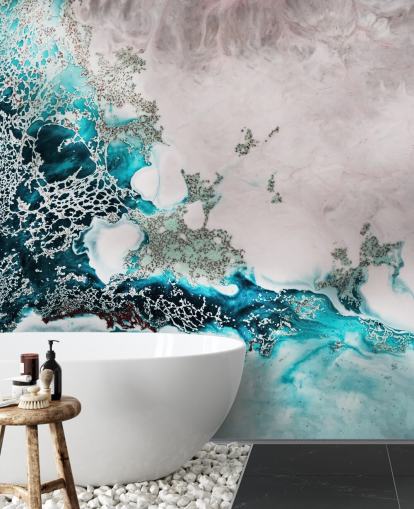 blauwe en blozende roze aangepaste abstracte oceaanmuurschildering genaamd Ocean Melody van Petra Meikle de Vlas voor badkamers en keukens