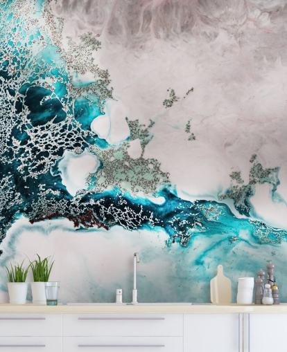 mural de parede oceânico abstrato personalizado em azul e rosa blush chamado Ocean Melody de Petra Meikle de Vlas para banheiros e cozinhas