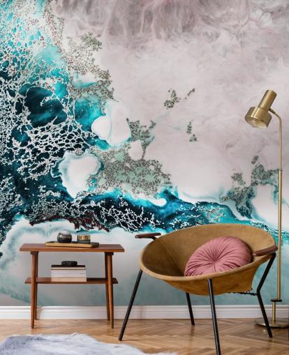 blå och rodnad rosa anpassad abstrakt havväggmålning kallad Ocean Melody av Petra Meikle de Vlas för badrum och kök blå och rodnad rosa anpassad abstrakt havväggmålning kallad Ocean Melody av Petra Meikle de Vlas för badrum och kök