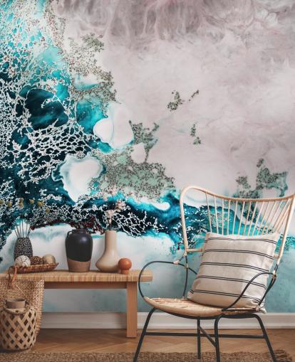 blue and blush pink custom abstract ocean wall mural called Ocean Melody by Petra Meikle de Vlas for bathrooms and kitchens