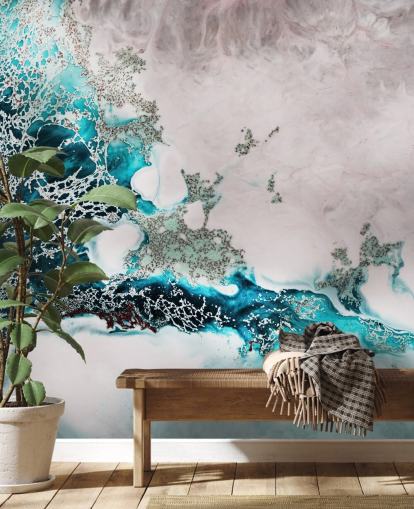 blauwe en blozende roze aangepaste abstracte oceaanmuurschildering genaamd Ocean Melody van Petra Meikle de Vlas voor badkamers en keukens blauwe en blozende roze aangepaste abstracte oceaanmuurschildering genaamd Ocean Melody van Petra Meikle de Vlas voor badkamers en keukens