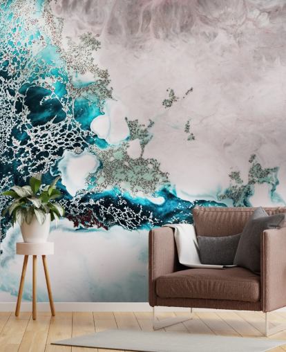 blue and blush pink custom abstract ocean wall mural called Ocean Melody by Petra Meikle de Vlas for bathrooms and kitchens