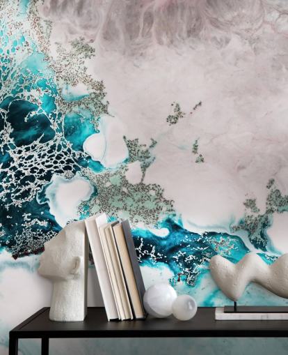 mural de parede oceânico abstrato personalizado em azul e rosa blush chamado Ocean Melody de Petra Meikle de Vlas para banheiros e cozinhas