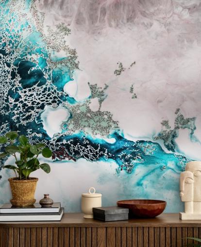 blå och rodnad rosa anpassad abstrakt havväggmålning kallad Ocean Melody av Petra Meikle de Vlas för badrum och kök