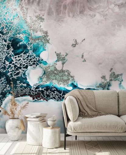 blue and blush pink custom abstract ocean wall mural called Ocean Melody by Petra Meikle de Vlas for bathrooms and kitchens