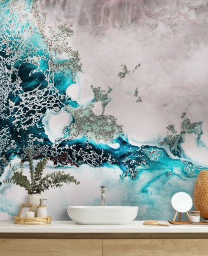 fresque murale abstraite personnalisée bleue et rose poudré appelée Ocean Melody par Petra Meikle de Vlas pour les salles de bain et les cuisines