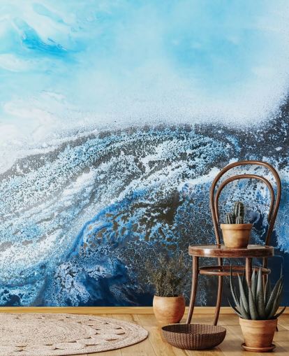 fresque murale abstraite bleue personnalisable appelée Ocean Trance de Petra Meikle de Vlas pour les salles de bain et les chambres