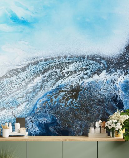 murale astratto blu personalizzabile chiamato Ocean Trance di Petra Meikle de Vlas per bagni e camere da letto