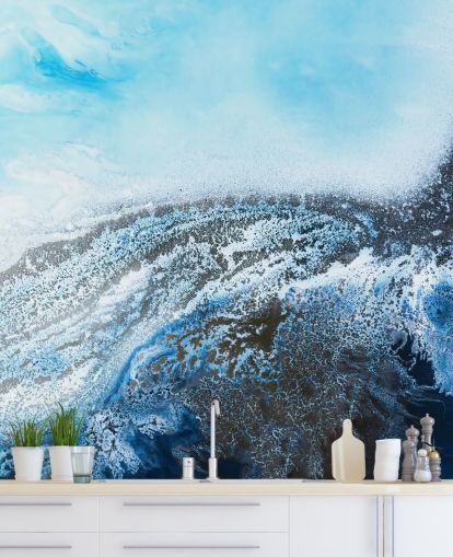 blaues personalisierbares abstraktes Wandbild namens Ocean Trance von Petra Meikle de Vlas für Badezimmer und Schlafzimmer