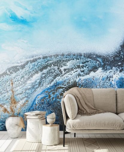 mural de pared abstracto personalizable azul llamado Ocean Trance de Petra Meikle de Vlas para baños y dormitorios