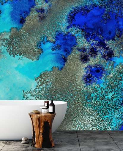 blaues individuelles abstraktes Wandbild namens Reef Resonance von Petra Meikle de Vlas für Badezimmer und Schlafzimmer