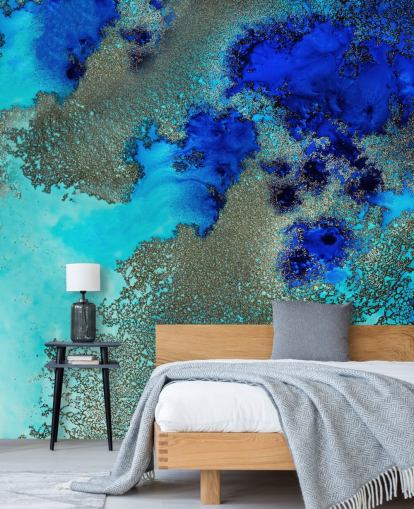 blue custom abstract wall mural called Reef Resonance by Petra Meikle de Vlas for bathrooms and bedrooms