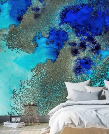 blå tilpasset abstrakt veggmaleri kalt Reef Resonance av Petra Meikle de Vlas for bad og soverom blå tilpasset abstrakt veggmaleri kalt Reef Resonance av Petra Meikle de Vlas for bad og soverom