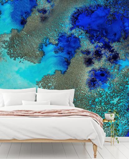 blue custom abstract wall mural called Reef Resonance by Petra Meikle de Vlas for bathrooms and bedrooms
